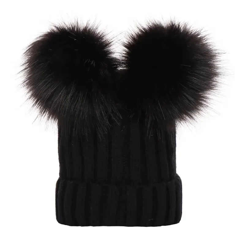 children\'s winter toddler baby kids faux fur hat cap beanie with 2 two double pom poms pompom ears  funny hat for boys and girls