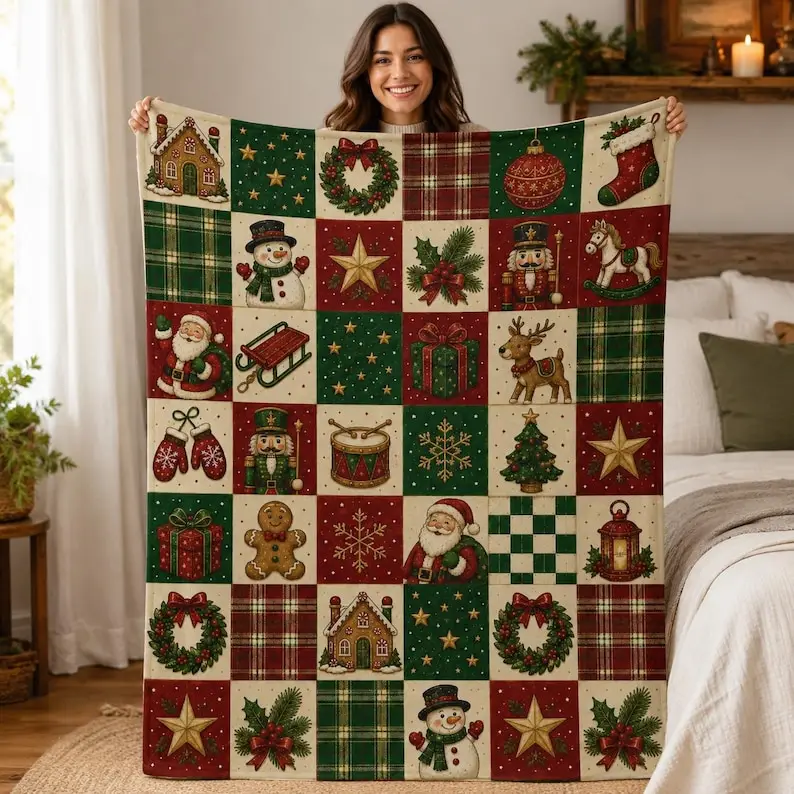 Vintage Christmas Patchwork Blanket, Santa Nutcracker Holiday Throw, Retro Xmas Quilt Blanket, Cozy Christmas Decor Gift, Xmas Gift
