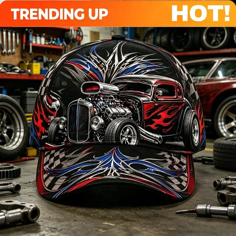 Customization Men' & Women' Retro Muscle Car Flame Baseball Cap - Adjustable Buckle Vintage Racing Hat With Classic Auto Print