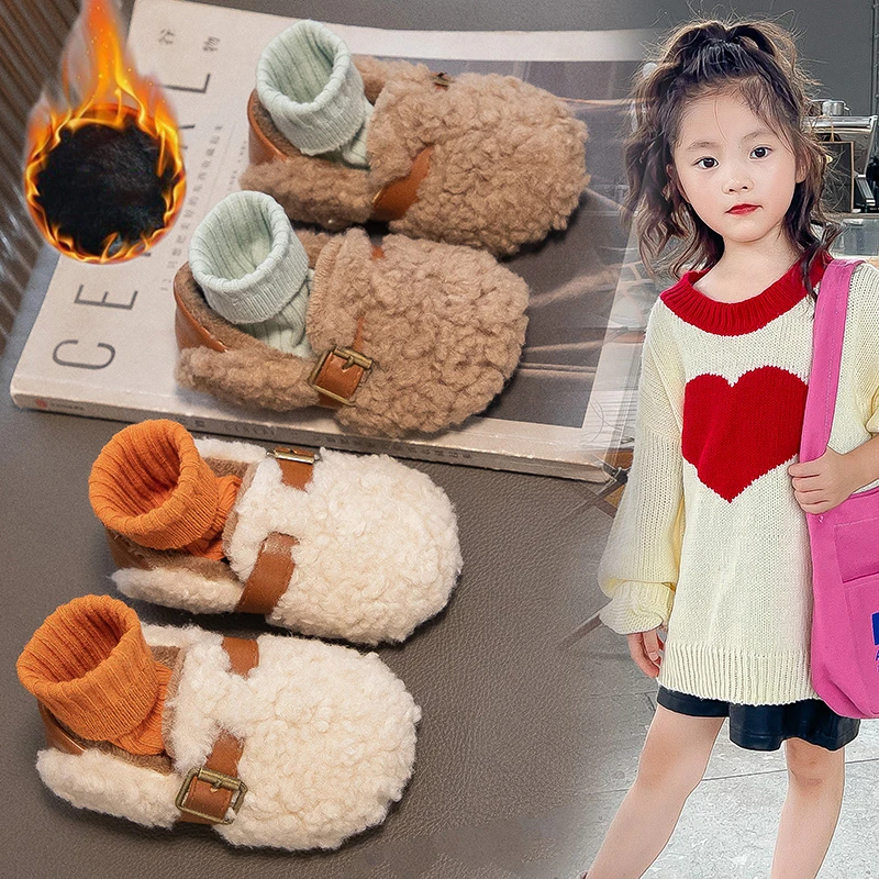 أحذية قطنية للأطفال بيج سميكة دافئة الفتيات حذاء كاجوال 2025 الخريف الشتاء الكاكي شقة عدم الانزلاق الفتيات الاطفال الفراء الأحذية