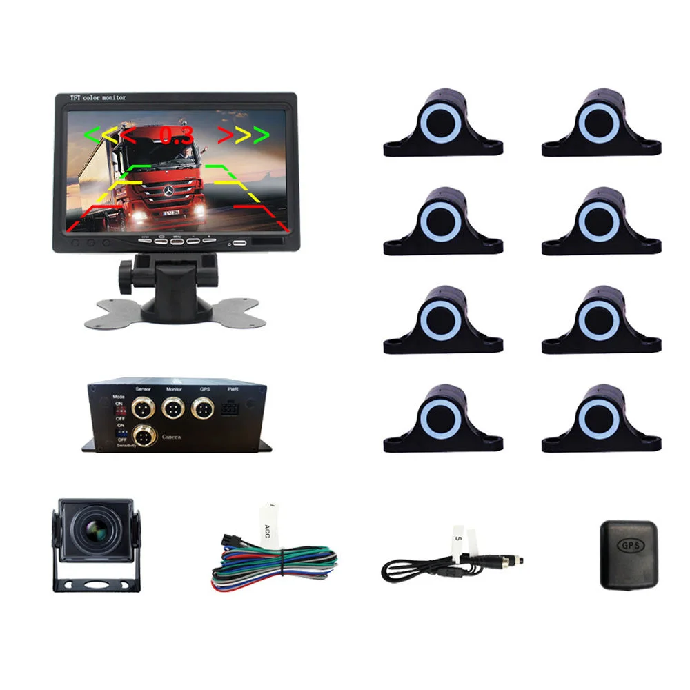 Truck Reverse Parking Radar System with 8 Sensors Waterproof AHD Camera 7-inch Display for Distance Detection