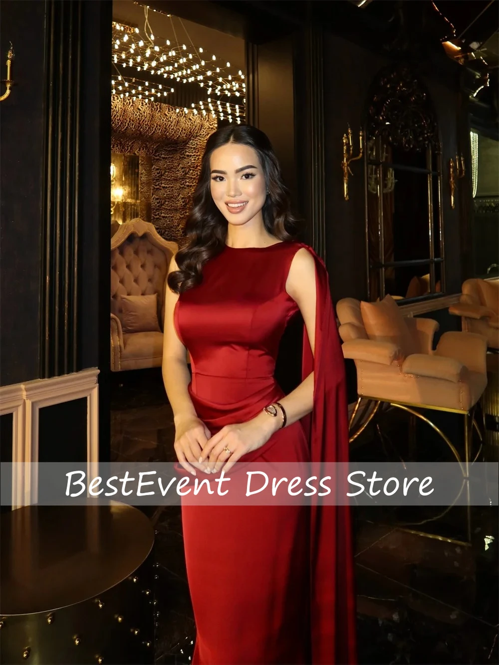 

Customized Classic Red Sexy Formal Pleated Mermaid Scoop Neck Floor Length Dresses Evening Dresses For Birthday Party Gown