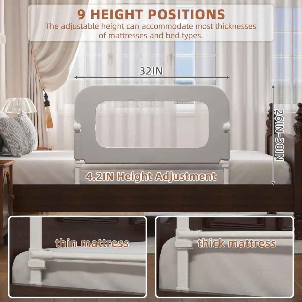 Adjustable & Foldable Toddler Bed Rail Guard, Height Adjustable for Twin to King Beds, Grey 32IN