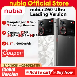 Nubia-teléfono inteligente Z60 versión Global, Smartphone 5G con pantalla de 6,8 pulgadas, Snapdragon 8 Gen 3, batería de 6000mAh, cámara bajo pantalla, estreno mundial