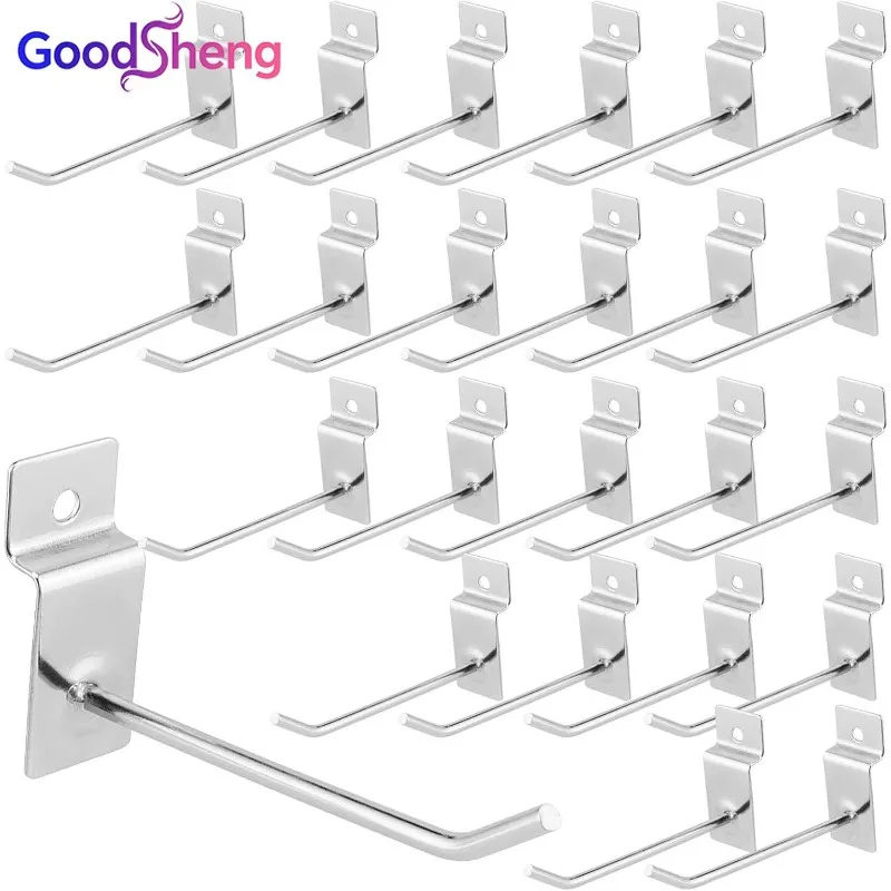 Goodsheng 24Pack 4 Inch Heavy Duty Silver Metal Slatwall Hooks Hangers, Slat Board Hooks Accessories, Organization Display