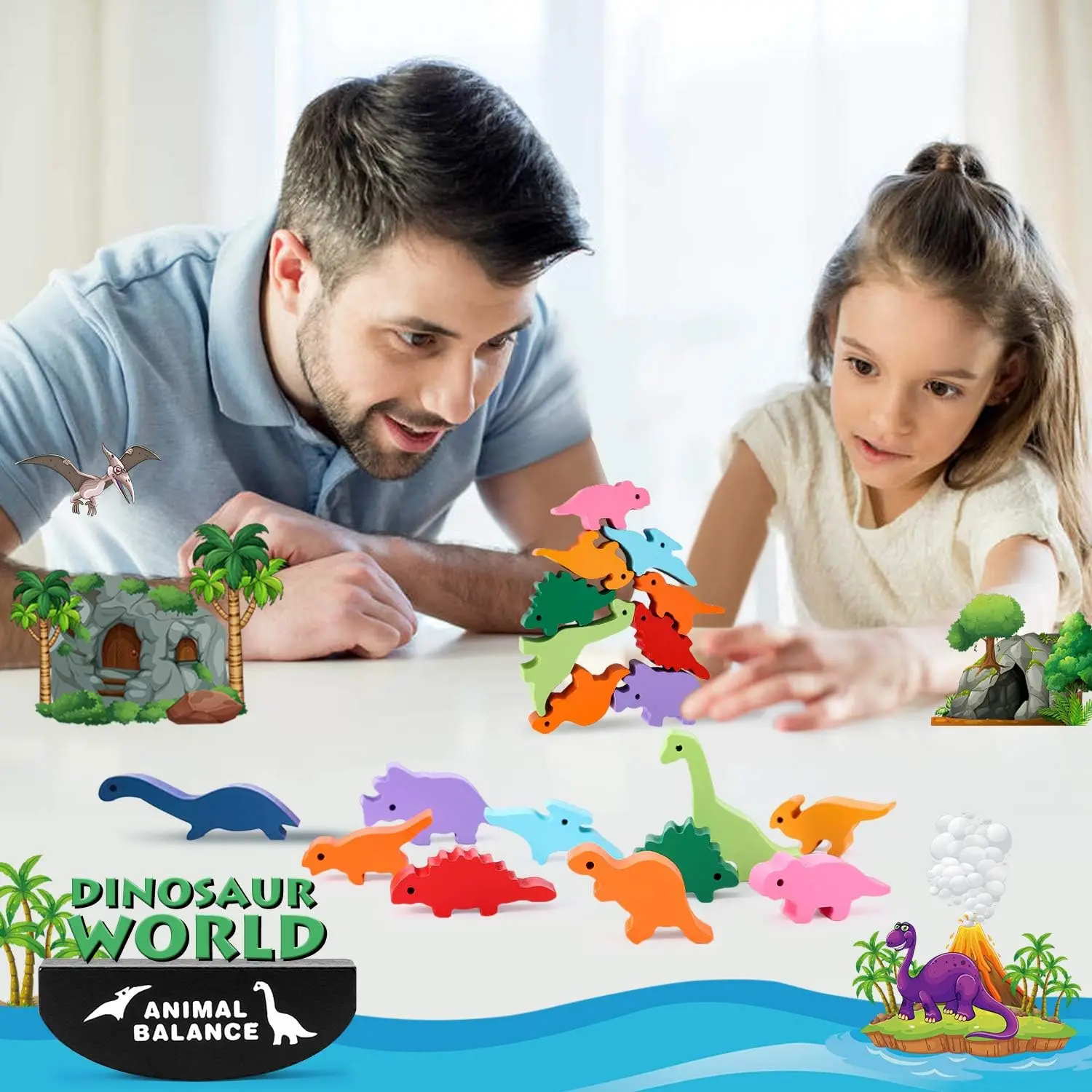 Juego de apilamiento de madera de juguete de dinosaurio: desafiante juego de banlance: desarrolla habilidades de movimiento de problemas de coordinación de concentración para niños