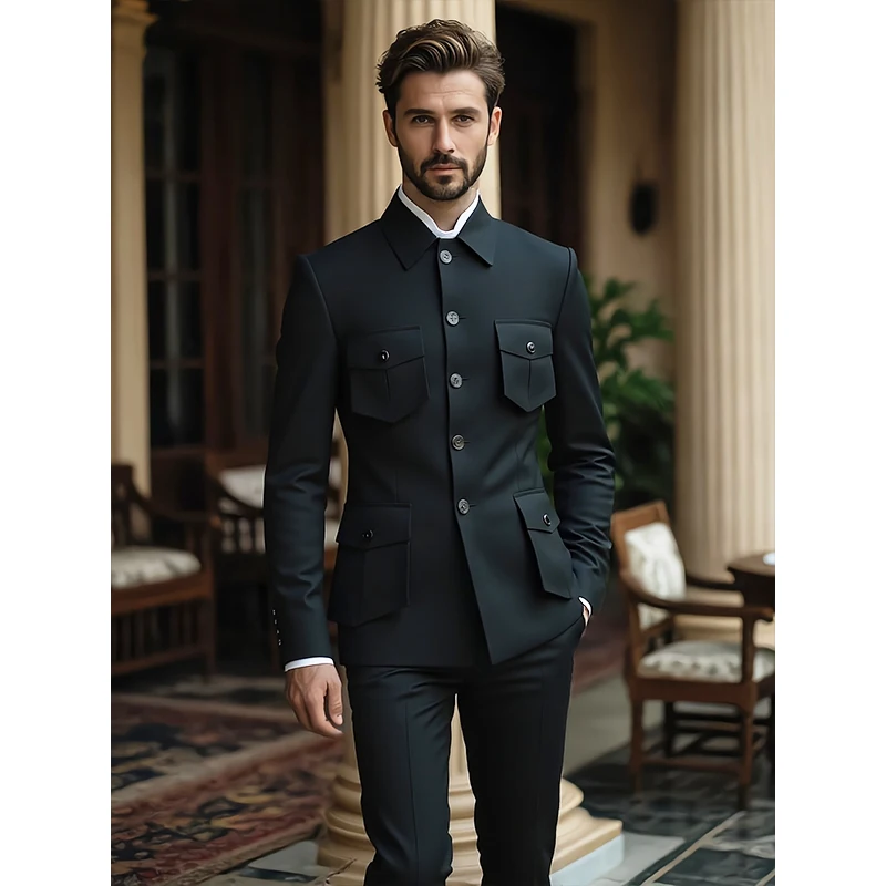 Suit Blazer Jacket Men's Chinese Style Suit Jacket Zhongshan Suit Business Formal 4-Button Mandarin Collar Symmetrical Blazers