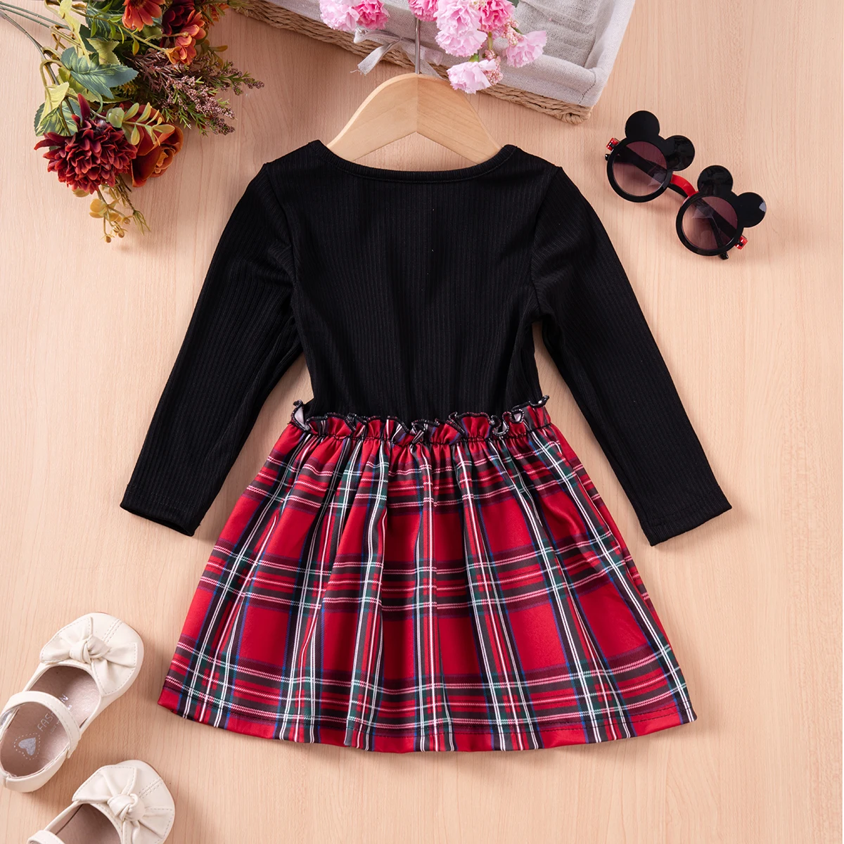 Baby Girl Plaid Christmas Dress Children Long Sleeve Dresses with Bow Suspender Red Green Dress for New Year 1-6 Years Old