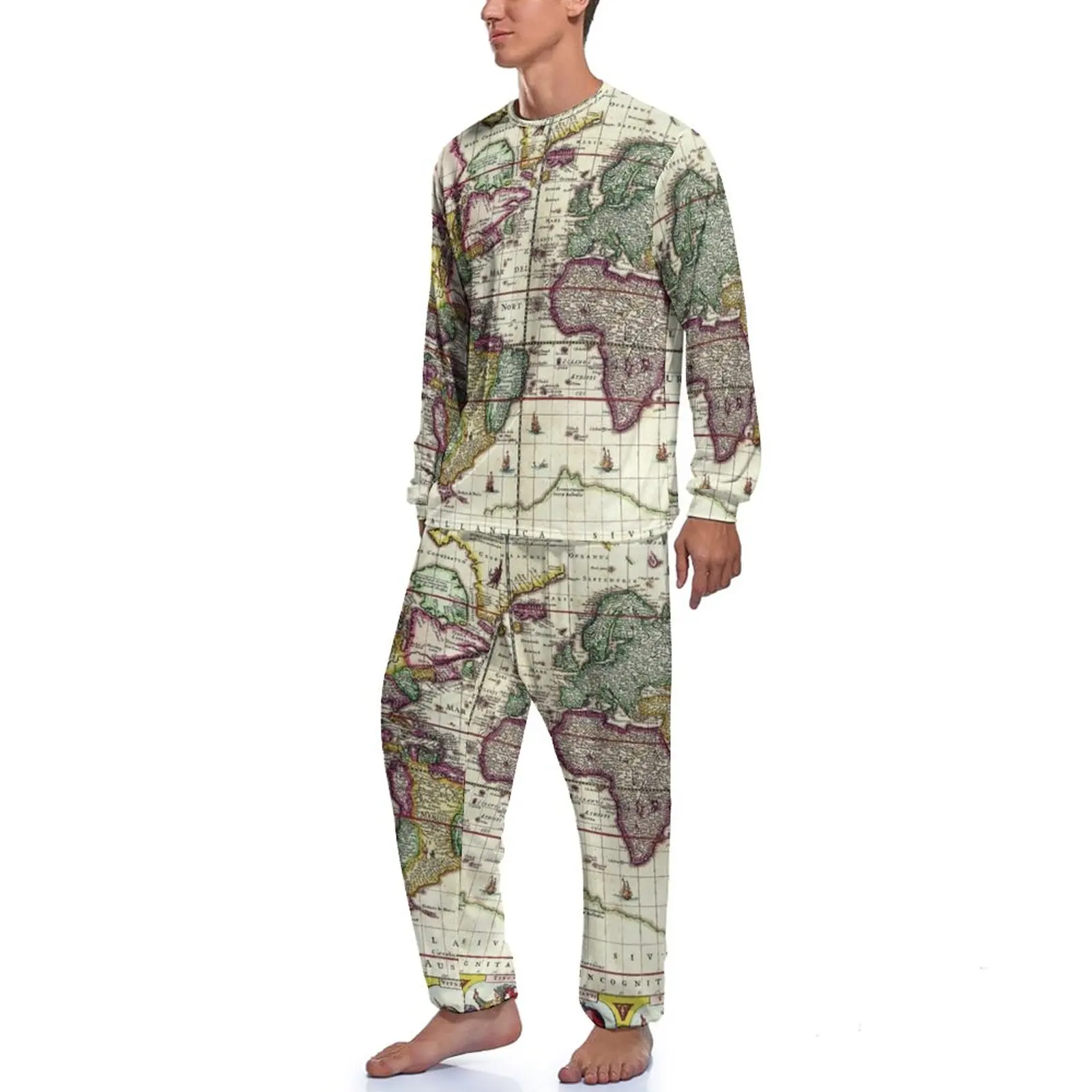 Earth Map Pajamas Long Sleeve Vintage 1652 World Map 2 Pieces Bedroom Pajama Sets Spring Men Graphic Trendy Sleepwear