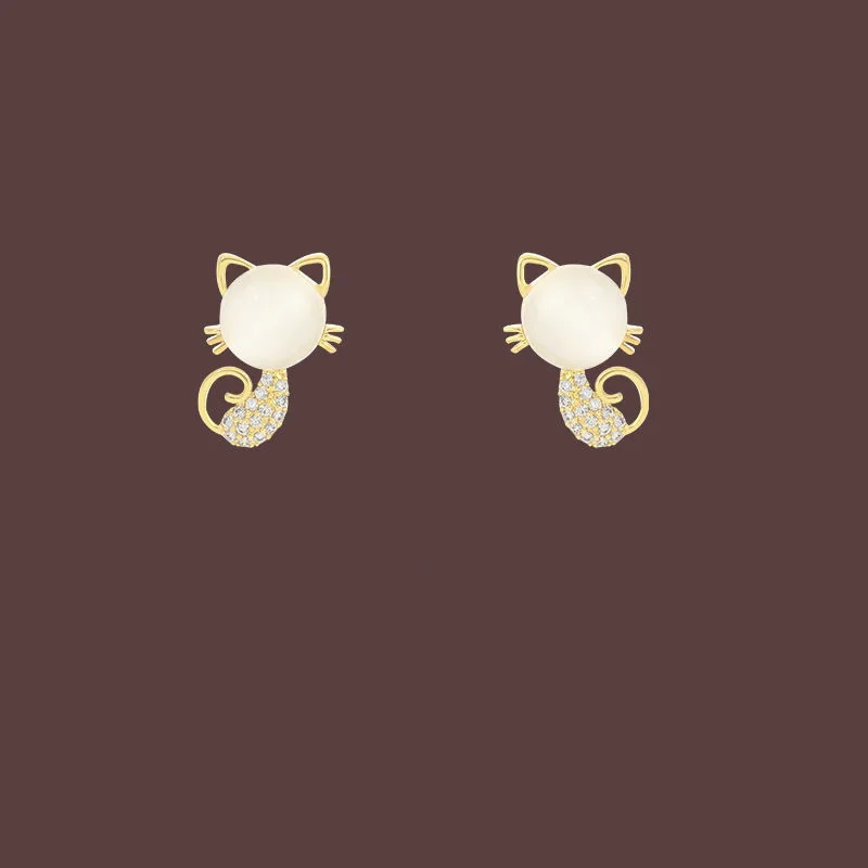 Cute Transparent Opal Cat Stud Earrings For Women Girls Trendy Gold Color Cat Astronaut Rabbit Zircon Earrings Accessories