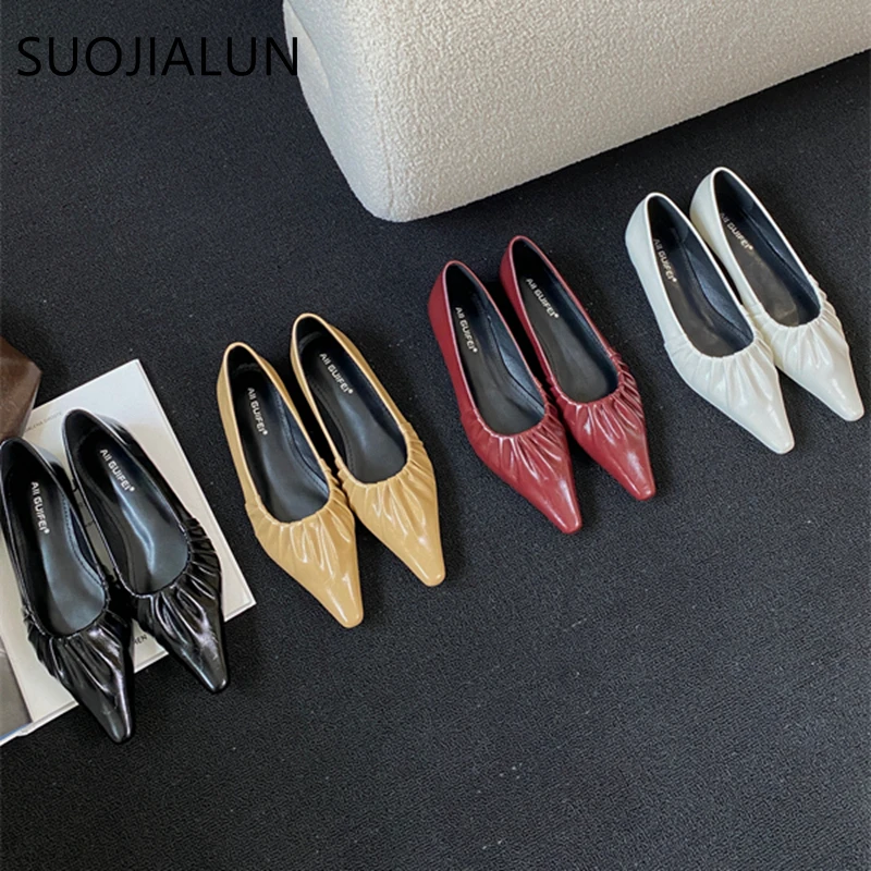 SUOJIALUN 2024 Spring New Women Flat Shoes Fashion Pleated Pointed Toe Ladies Ballerinas Shoes Flat Heel Shallow Slip On Ballet