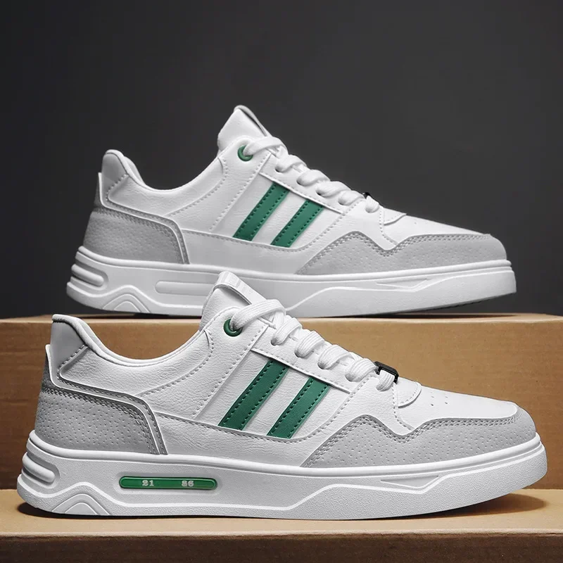 

Spring Autumn Shoes for Men Leather Casual Shoes Trend Striped White Flat Skateboard Shoes Youth Street Fashion Sneakers