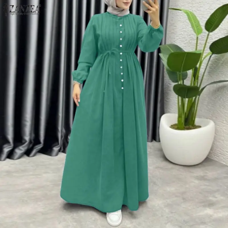 ZANZEA Muslim Hijabis Women's Pintuck Details Maxi Long Dresses Modest Stand Collar Long Sleeve Tie-Waist Islamic Abaya Robes
