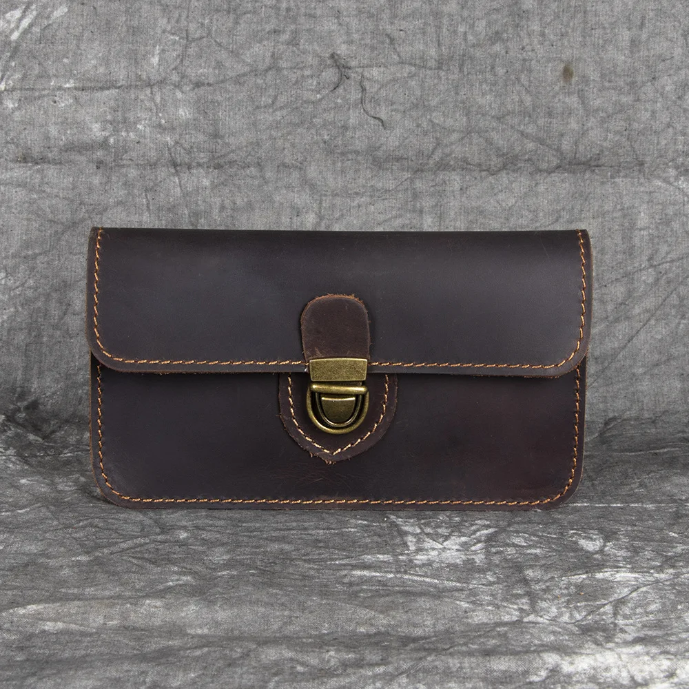 

Crazy Horse Leather Vintage Men's Small Waist Bag Outdoor Cowhide Casual Waist Belt Phone Bag Lock Design Male Belt Waist Pack