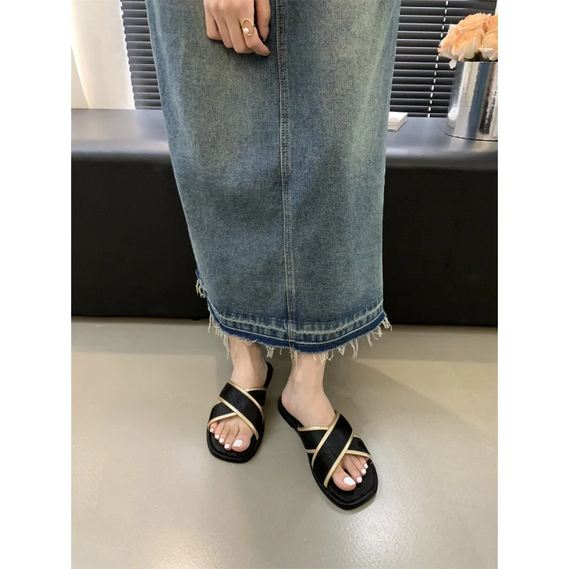 2024 Summer New Chinese Style Silk Cross Striped Color Block Slippers Flat Bottom Square Head Sandals