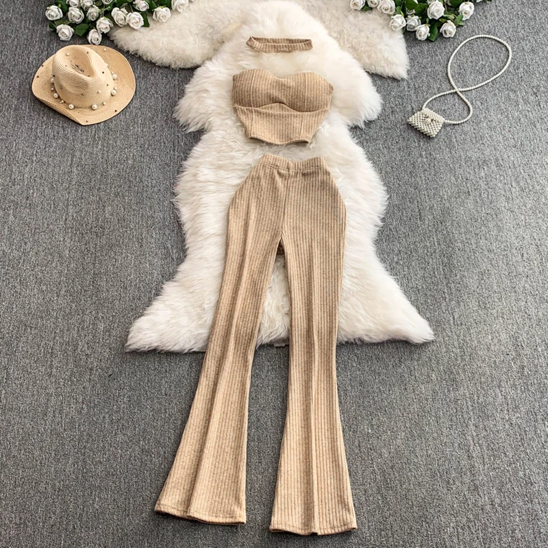 

2026 Fashion Two-Piece Women's Vest Sleeveless Hanging Neck Slim Fit Crop Top and High Waisted Flared Pants Set