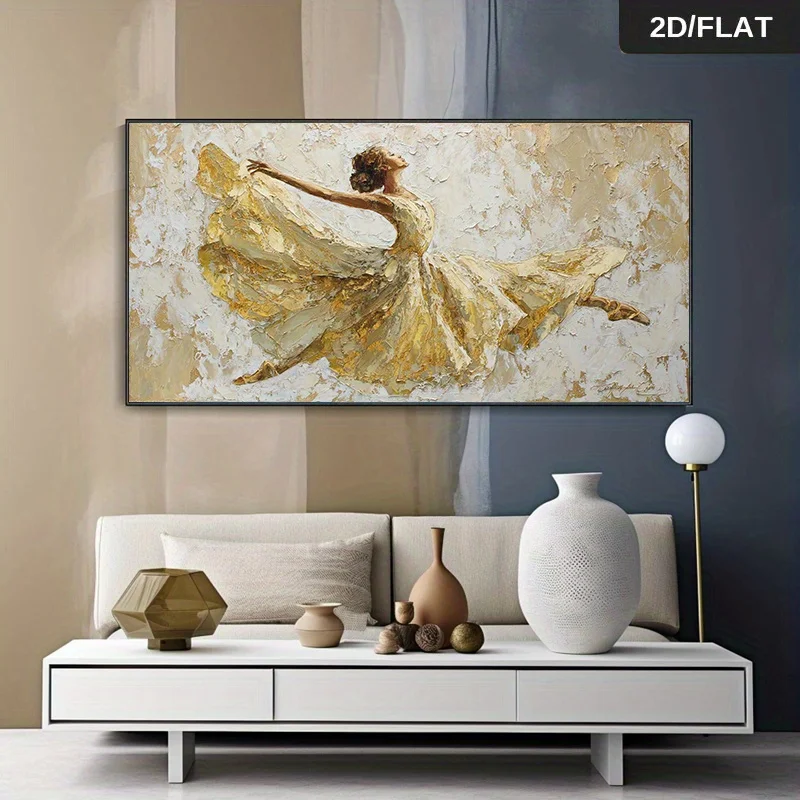 2D Flat Modern Abstract Golden Ballerina Canvas Wall Art- Unframed Retro Canvas Print Painting