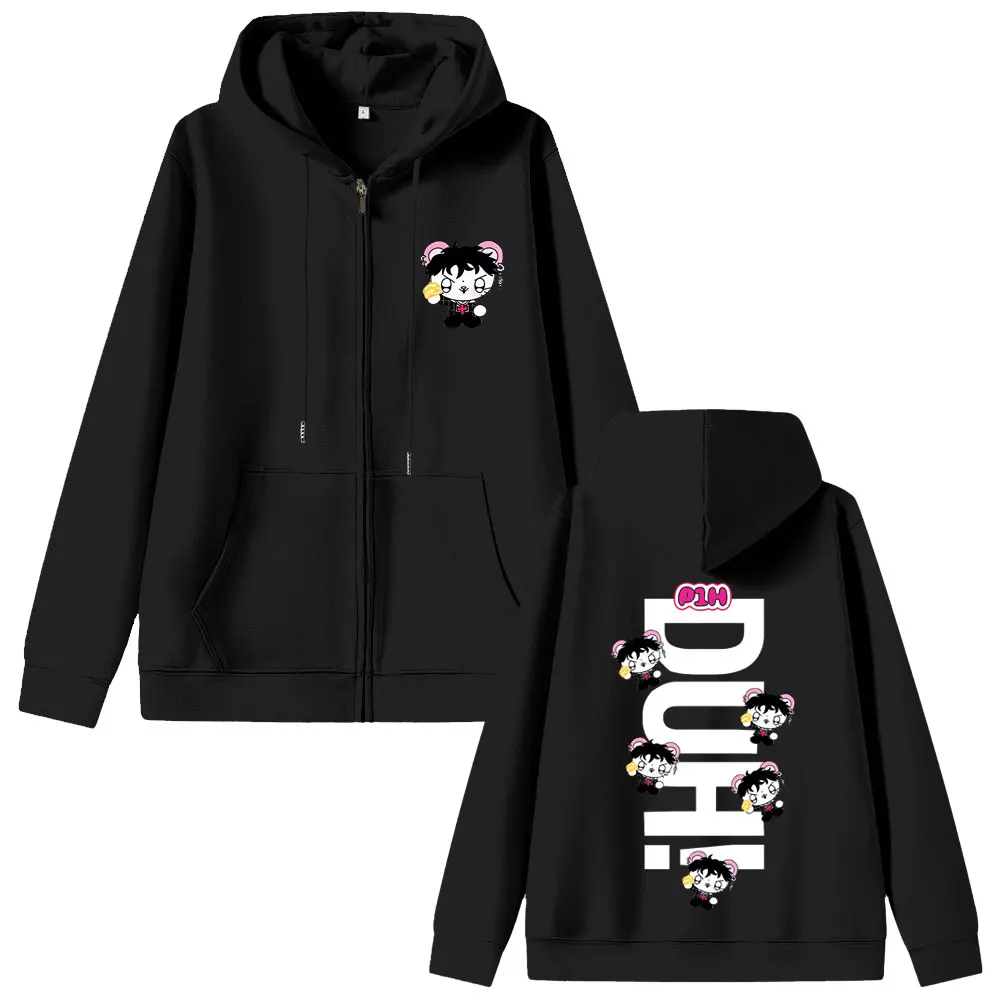 Korean Kpop P1Harmony 2025 DUH Cartoon Style Print Zipper Hoodie Cat Funny Meme Zip Up Jacket Men Women Fashion Hip Hop Hoodies