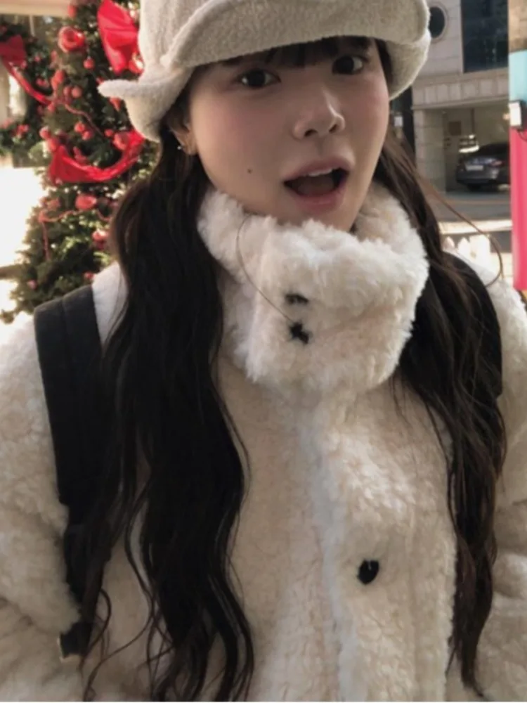 Jaet elegante de invierno con cuello alto y un solo botón de piel de cordero para mujer, abrigo largo informal holgado a la moda, cálido