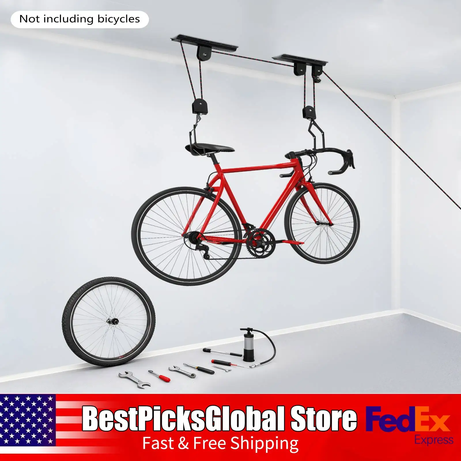 Bike Storage Hanger, Ceiling Mount Bike Hoist, Wall Mounted Bike Rack with 2 Ropes, Garage Organizer for Space Saving