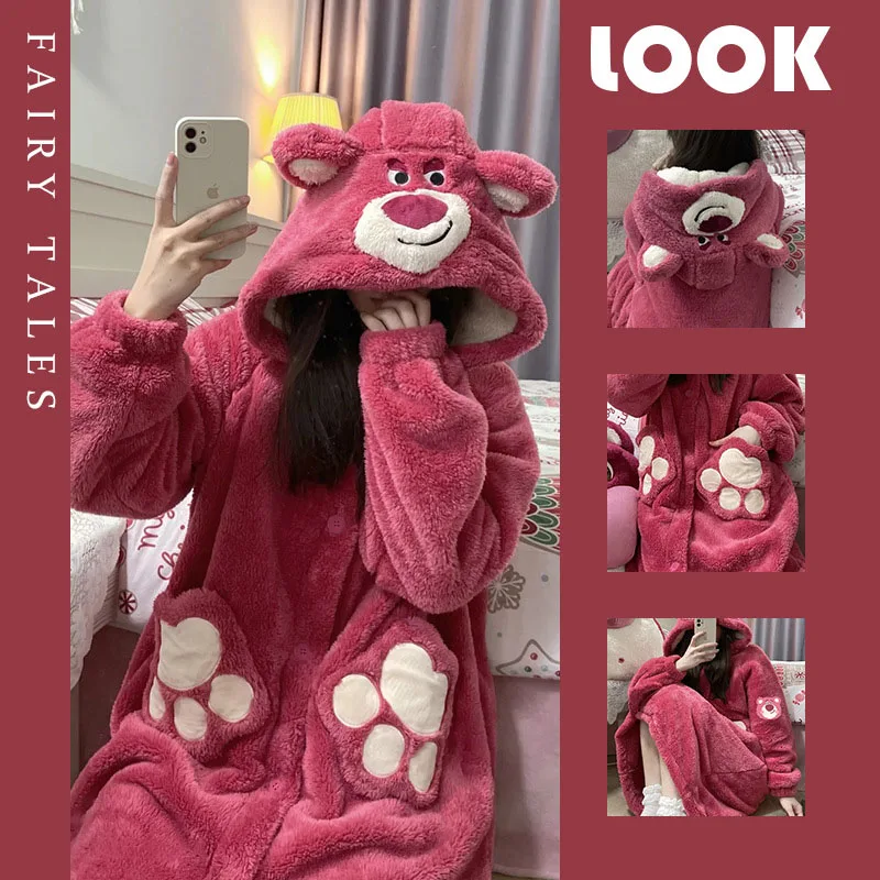 New Kawaii Cute Lotso Pajamas Night-Robe Bathrobe Thickening Conjoined Hat Skin Friendly Plush Warm Suit Birthday Gift For Girls