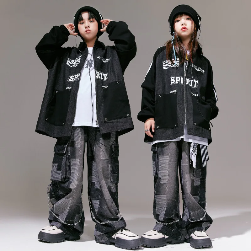 Vêtements de danse de rue pour enfants, costume de danse hip hop pour adolescents, manteau en denim noir adt, pantalon pour garçons et filles, vêtements de scène pour spectacle de jazz et de tambour