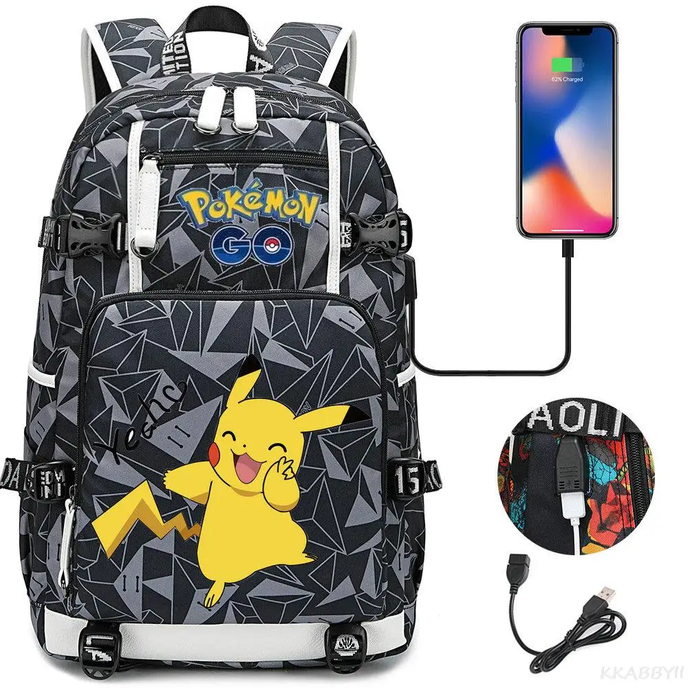 Mochilas 포켓몬 고 용량 학생 책가방, 소년 소녀용 캔버스 USB 충전 여행 배낭, 십대 노트북 피카츄 가방