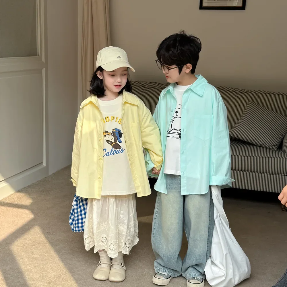 Children Clothes Kids Casual Solid Color Shirt 2025 Spring Boys and Girls Korean Style Casual Loose Long-sleeved Shirt Coat