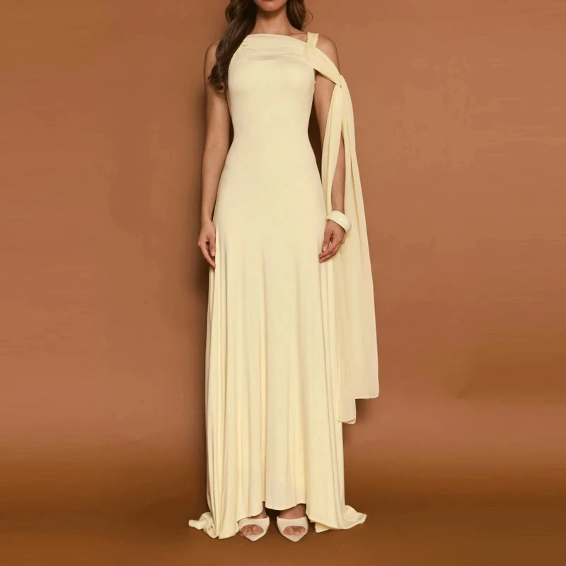 

Summer Sexy Women Sleeveless Evening Dresses Temperament Slash Collar Ribbon Dress Elegant Solid Color High Waist Chiffon Dress