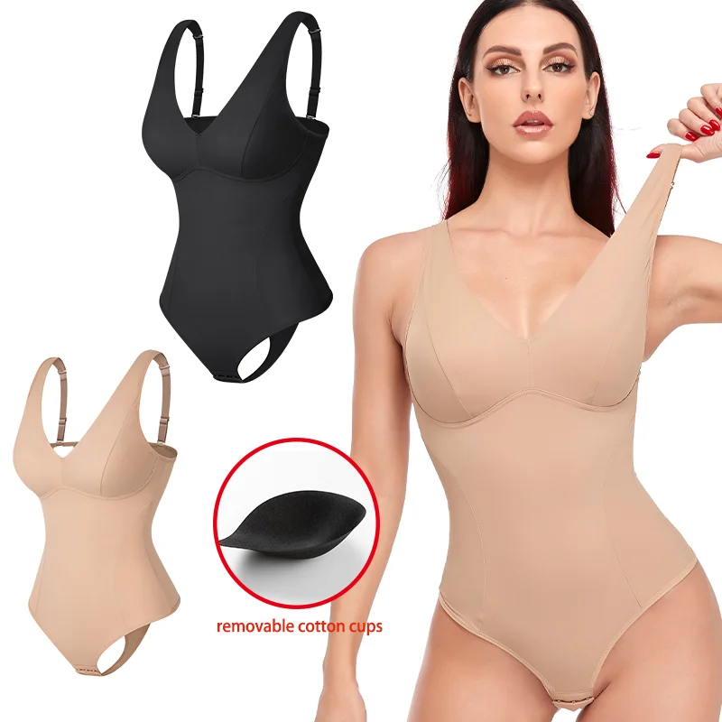 Women Sexy V Neck Corset Built-in Bra Shaperwear Slimming Full Body Shaper  Tummy Control Thong Bodysuit Waist Trainer Underwear