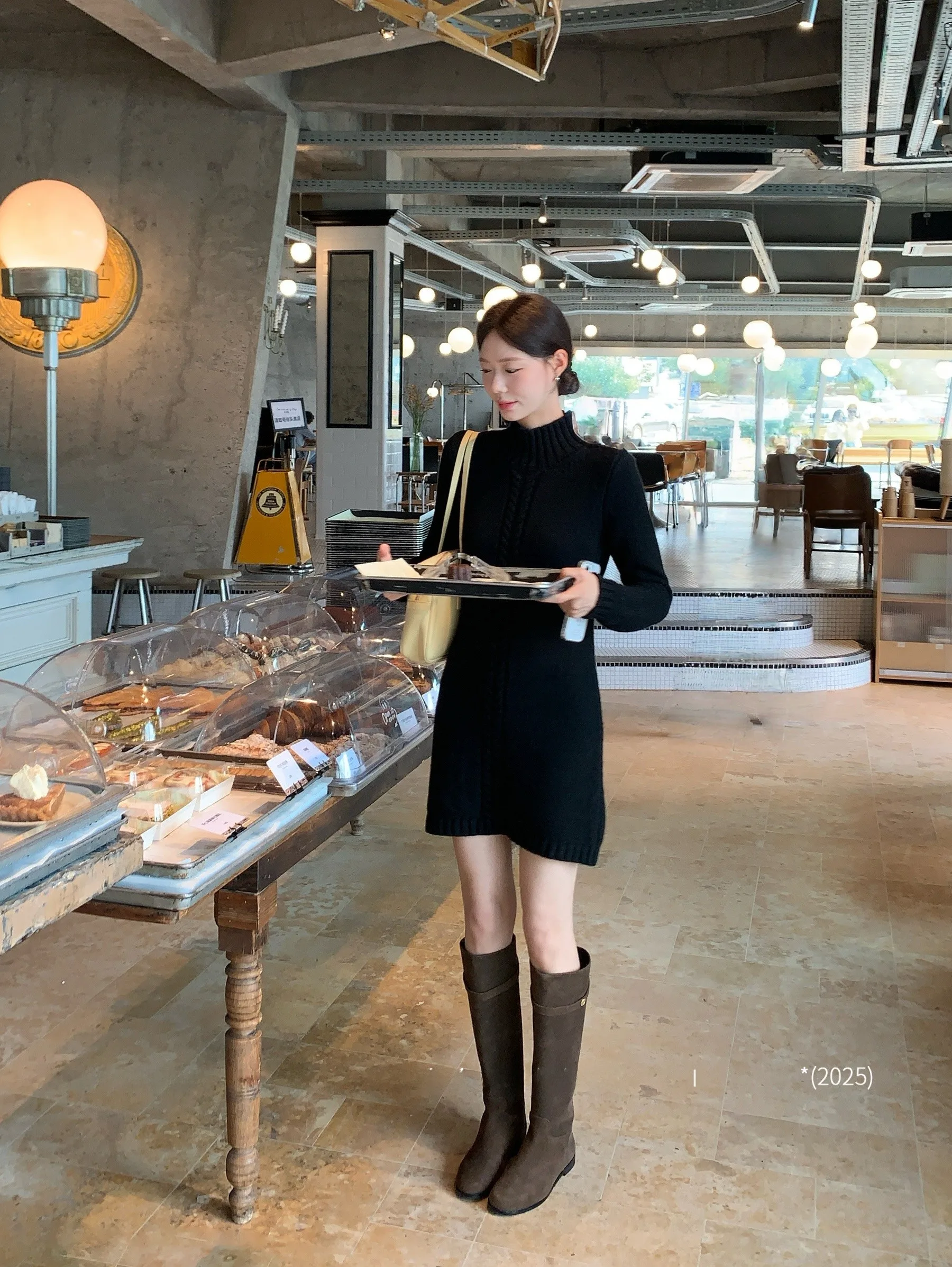 

Slimming Large Flower Woolly Thi Needle Knit f High Collar Dr Casual A-Line Skirt Long Sve Casual Wear for Women