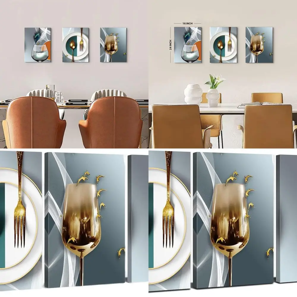 

Modern Abstract Wine Glass Art for Kitchen Wall, Teal and Gold Geometric Decor, 16x24