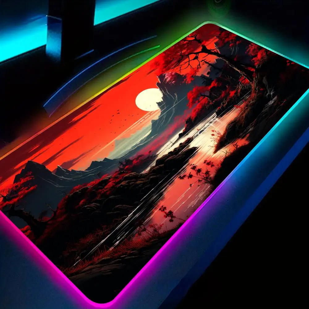 Unique Black and Red Artistic Landscape Illustration Design RGB Mouse Pad Desk Mat gaming pad pc Accessories LED Glow mousepad