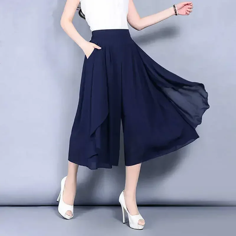 Summer Chiffon Irregular Wide Leg Pants Thin Capris High Waist Large Size Loose Skirt Pants Casual Fashion Women Clothing L74