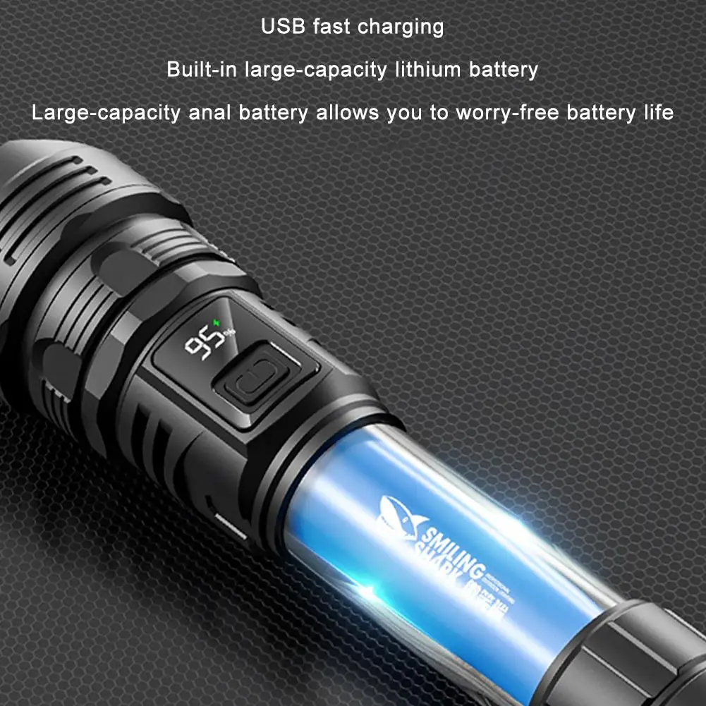 Smiling Shark White Laser Variable Focus Far Flash Torch with Display Four Level Adjustment USB Charging Camping Fishing