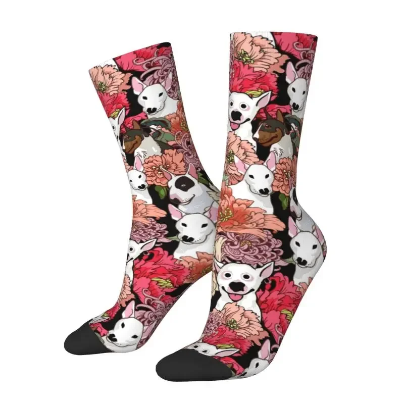 Bull Terrier Dog Flower Men's Crew Socks Unisex Fashion 3D Printed Dress Socks