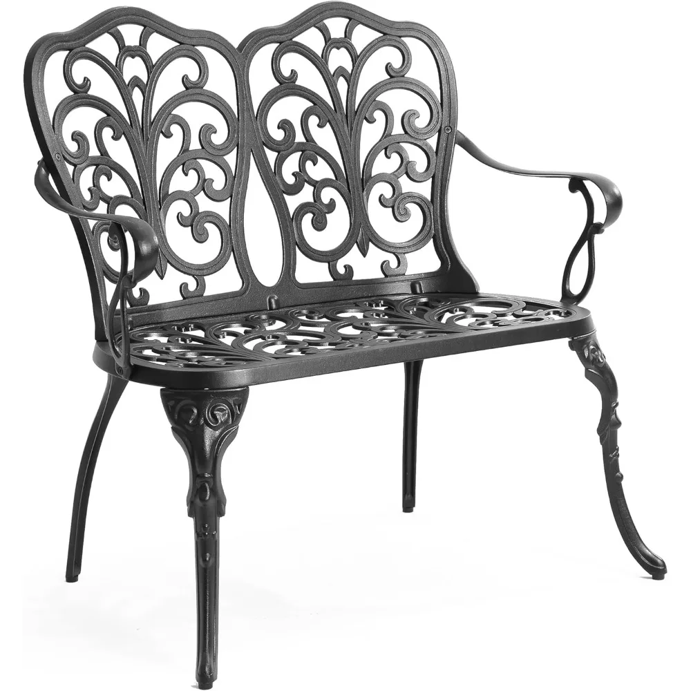 

Outdoor Bench, Patio Garden Benches Metal Loveseat Cast-Aluminum Outside Furniture for Park Lawn Front Porch Black