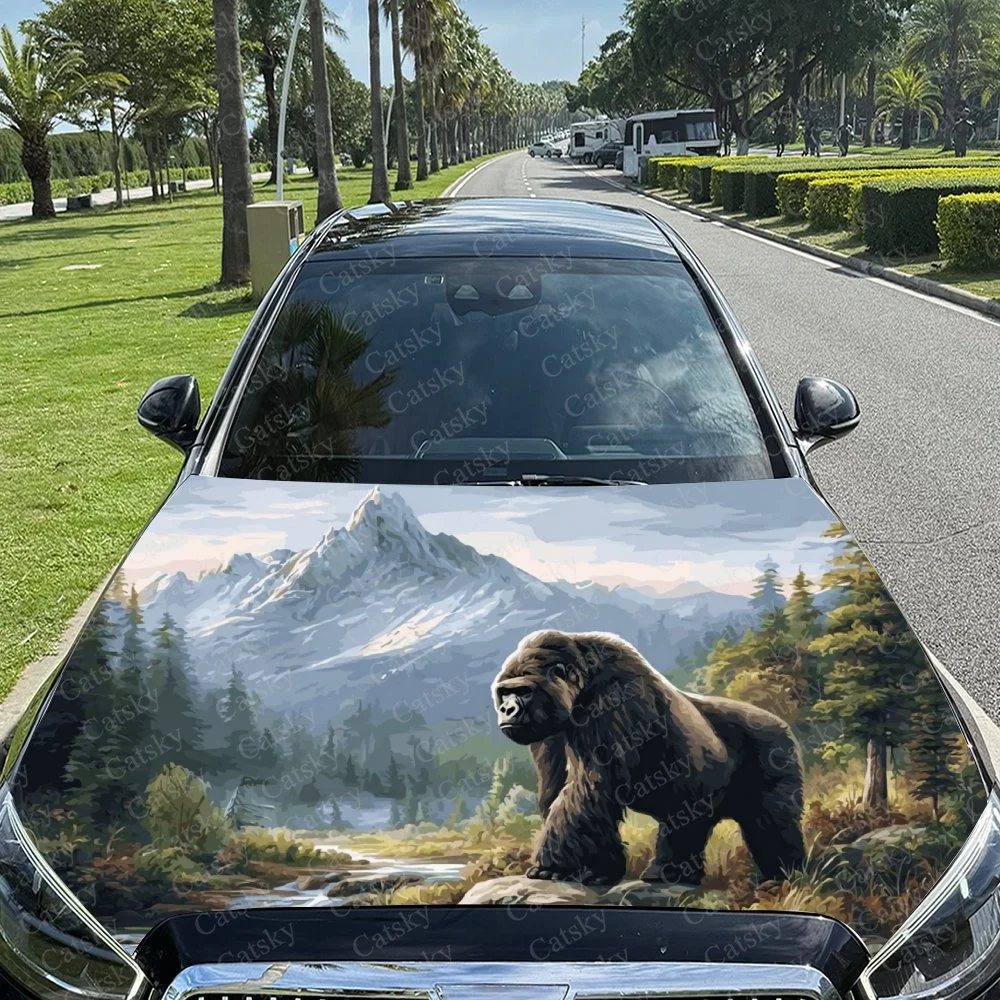 

This car hood features a stunning gorilla in a lush forest with snow-capped mountains, creating a vibrant and eye-catching desig