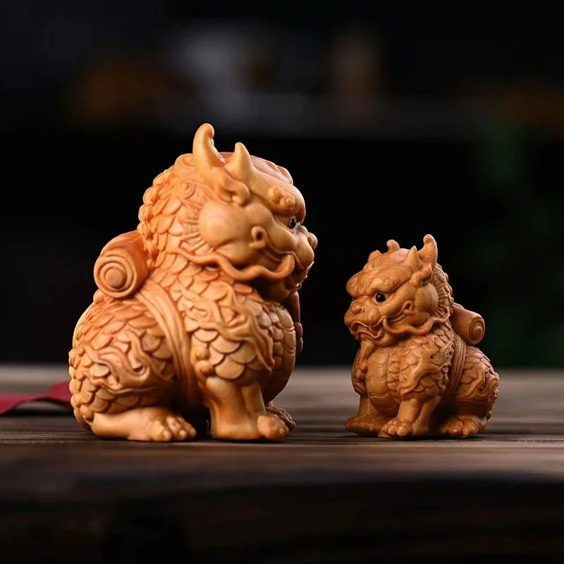 Cypress wood Kylin Statue Wooden Qilin Figurine Chinese mascot Home Office Feng Shui Wealth Protection Decor High-quality Gift