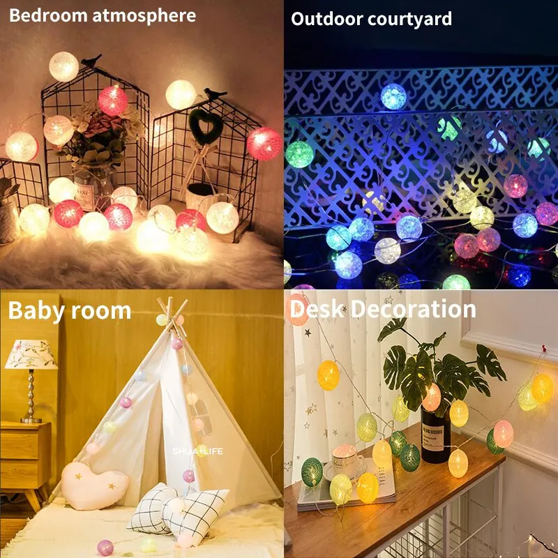 20 LED Cotton Ball String Fairy Lights Christmas Wedding Garden Party Home Decor Lantern Patio Light