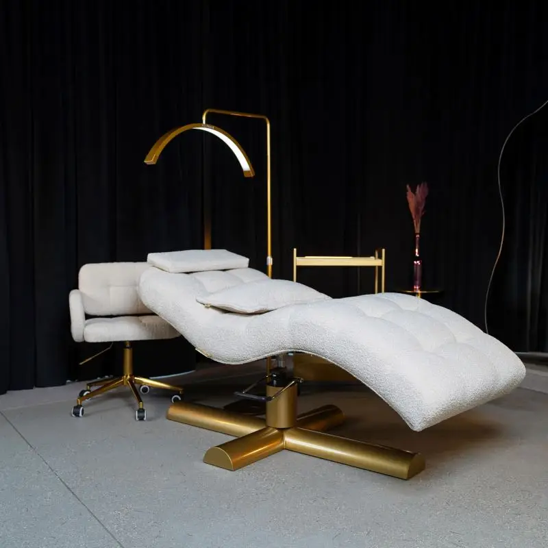 

Modern Luxury Golden Base Lifting Lash Bed Beauty Massage Bed Beauty Salon Eyelash Bed Set Customization