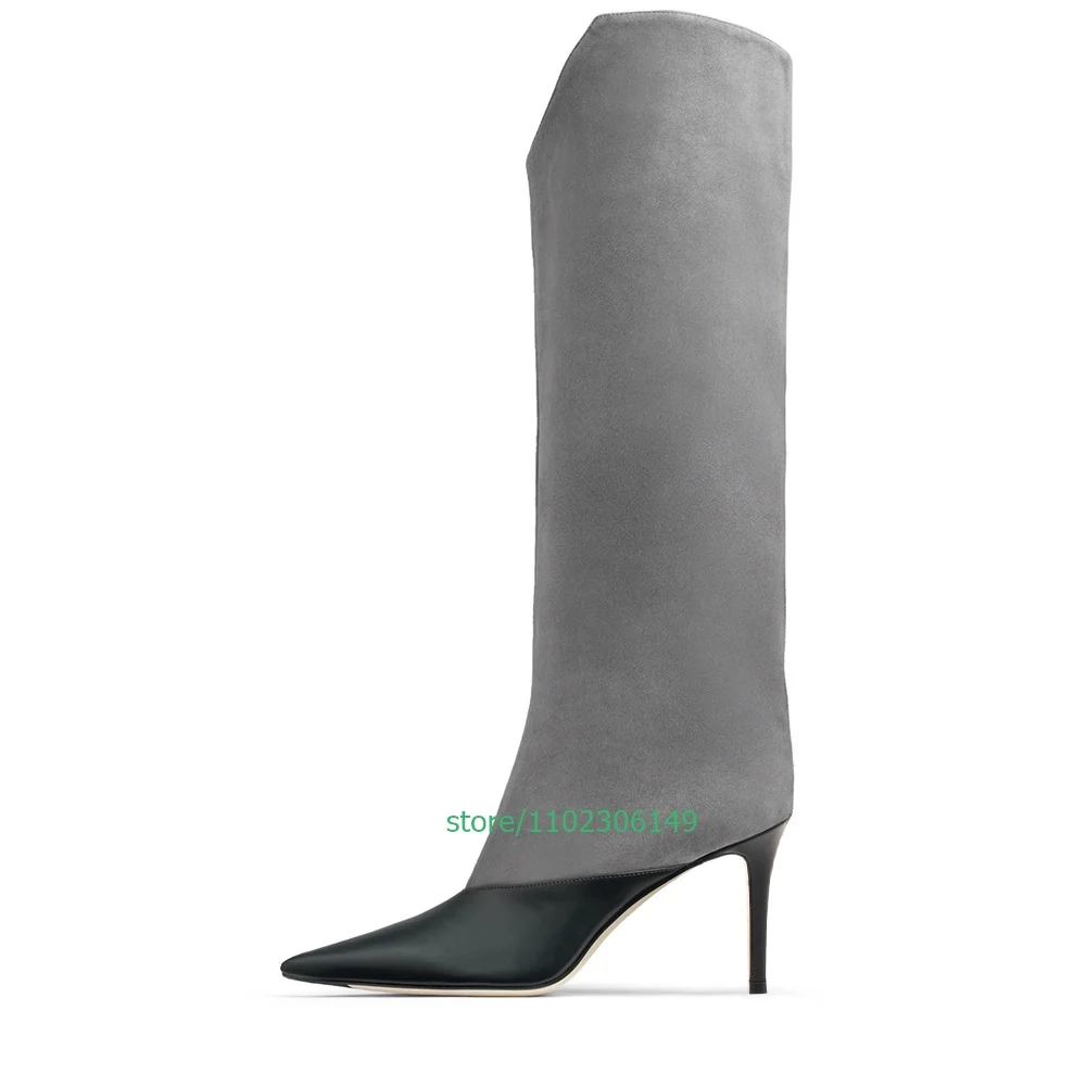 Lady Grey Black Stitching PU Fashion knee stiletto heel boots sexy pointed toe  Large Size Stiletto Mid Tube Knee Boots Ladies