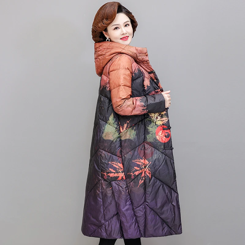 Chinese style Vintage Single Breasted Ultra Light Down X-long Coat Winter Women White Duck Down Jacket  ink painting Outwear