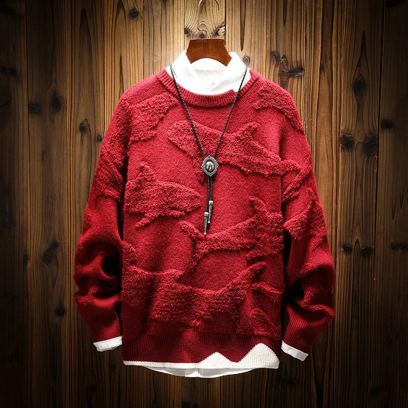 

Loose Fit Knitted round Ne Sweater Red Dragon Year Couple's Faionable Winter Thermal Towel Embroidery Men's Casual Wear