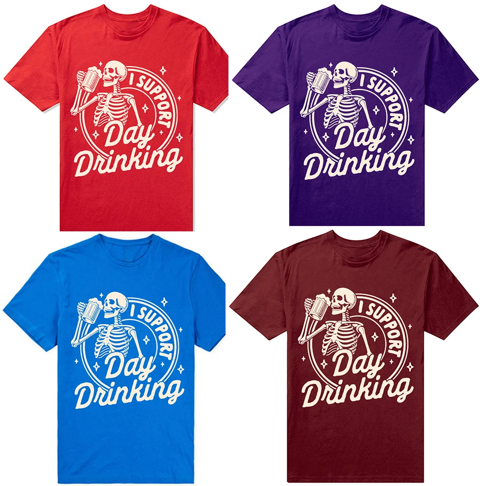 Bierliebhaber Trinkparty Skelett Ich unterstütze den Tagesdrink T-Shirts Herrenbekleidung Mode Lässig Locker Übergroßes Weiches T-Shirt – Detail 2