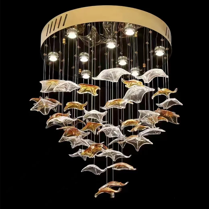 Customized Modern Luxury Hotel Lobby Crystal Chandelier Large Glass Leaf LED Pendant Light with Custom Shape Long Design