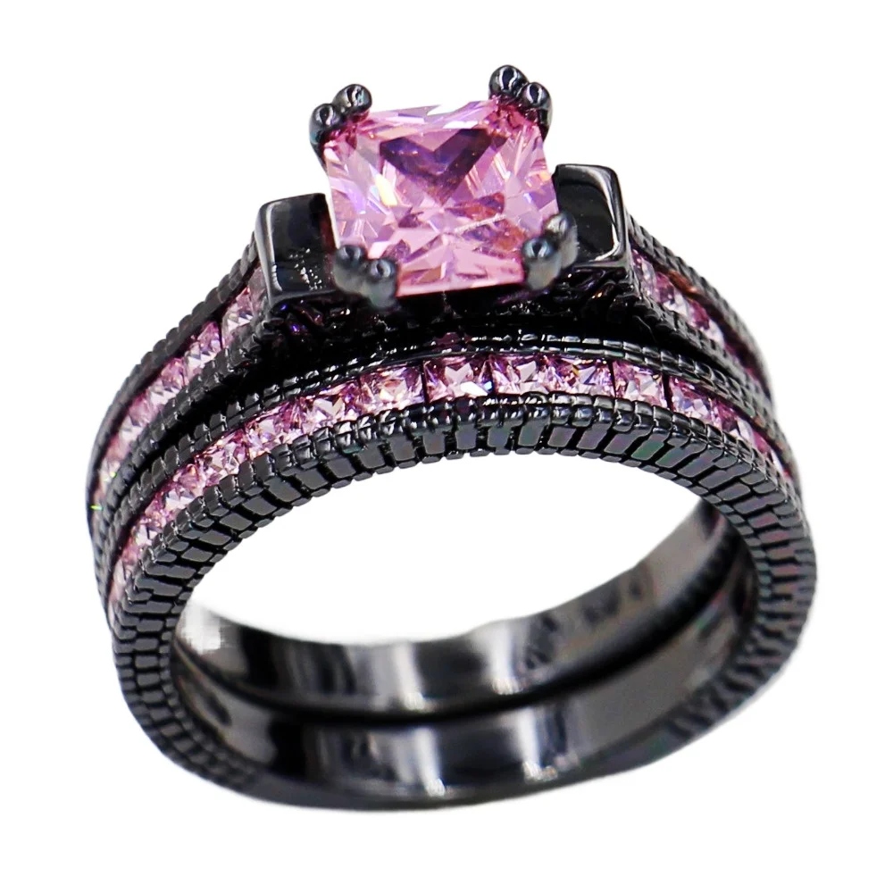 Handmade Lab Pink Sapphrie Ring Set 10KT Black Gold Engagement Wedding Band Rings for Women Men Jewelry