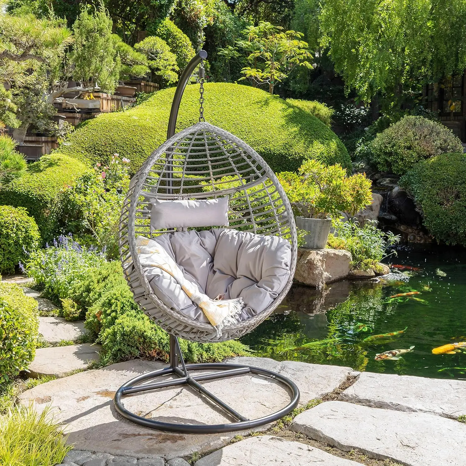 Outdoor Wicker Hanging Basket Chair with Water Resistant Cushions and Iron Base, Grey / Black