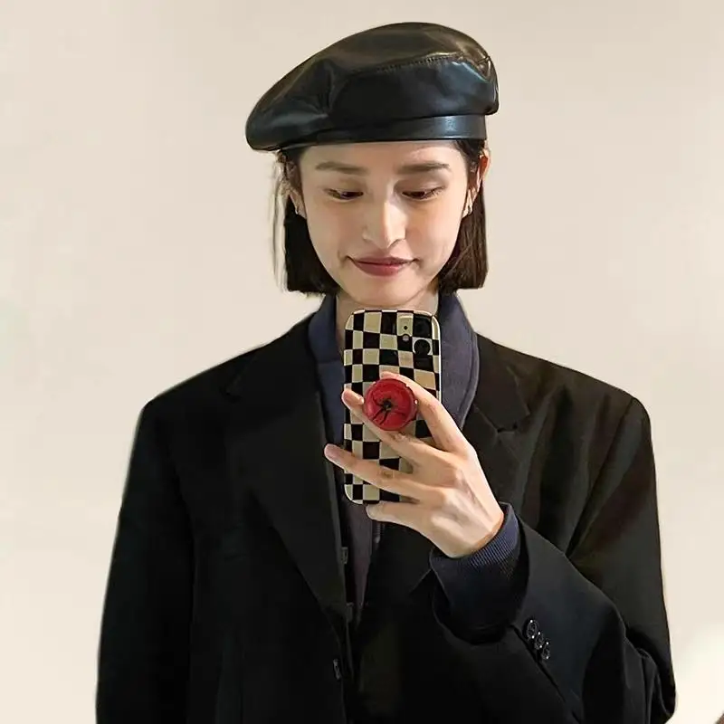 

Autumn Winter Beret Beanie Hat Women Plain Beret Hats Solid Color Elegant Men Women Artist Caps PU Leather Painters Caps