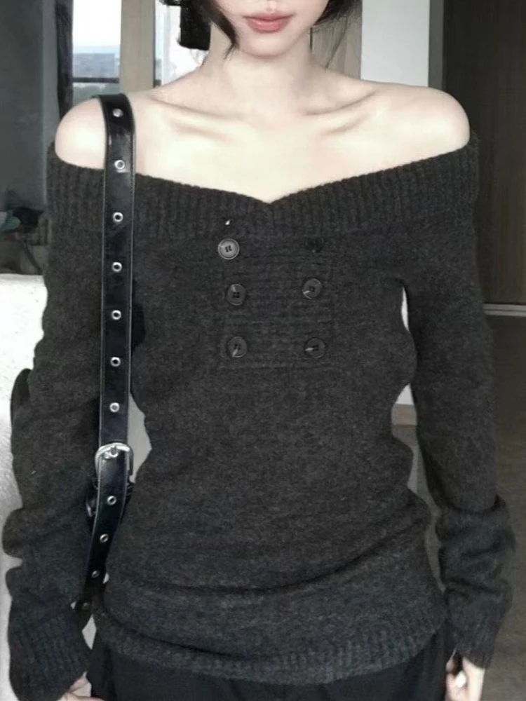 Korean Style Dark Gray Off Shoulder Sweater Women
